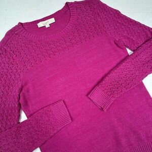 LOFT Women's Magenta Crochet Crew Neck‎ Sweater Knit Medium Coquette Cotton EUC